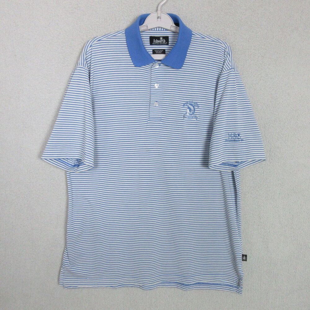 Ashworth‎ Polo Mens L Blue White Striped Short Sleeve Moisture Wicking Golf Logo
